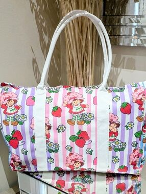 NEW Strawberry Shortcake Striped Canvas Zipper Tote Bag VACAY BEACH